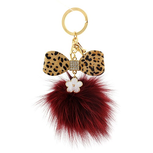 Key Chain - Fox Fur Pom Pom w/ Leopard Print Bow - Burgundy - KC-YQ002BG